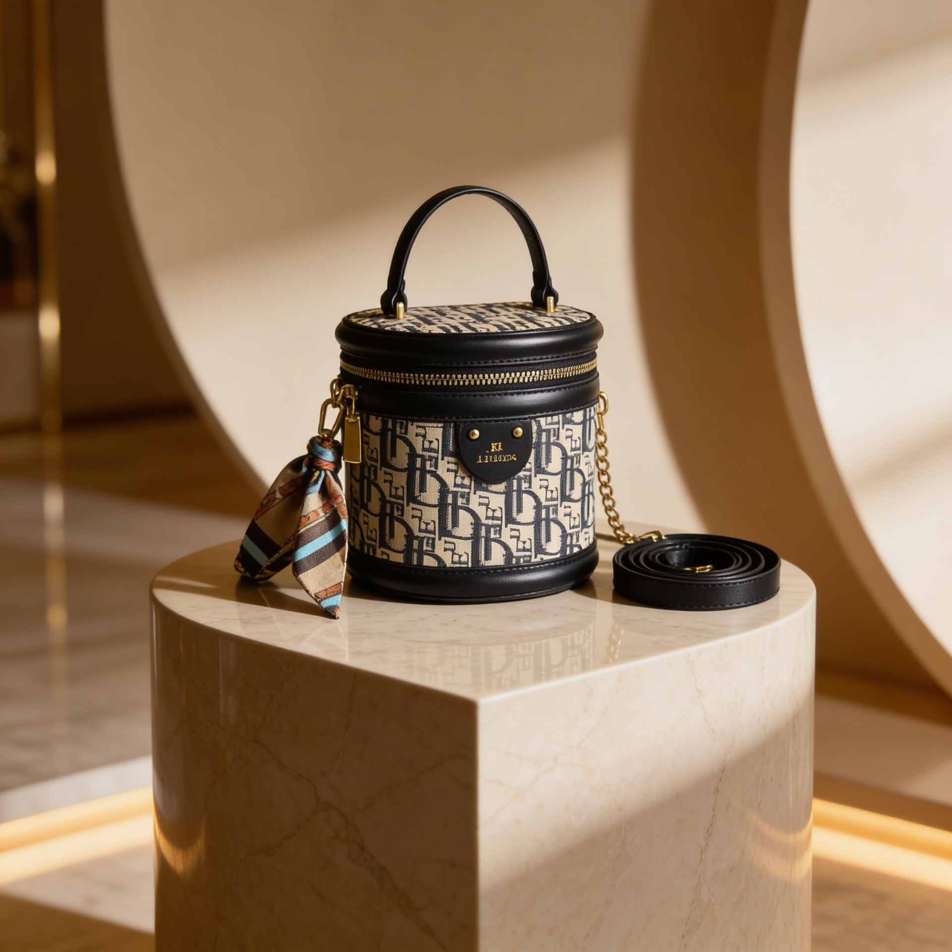 Luxury monogram canvas cylinder barrel vanity bag with gold zipper and black leather trim for women
